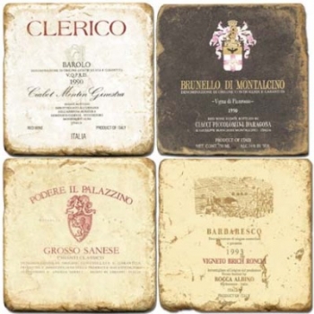 Marmor Untersetzer 4er Set, Motivs. Italienische Weine 2, Antikfinish, Kork-Rückseite, Maße: L 10 x B 10 x H 1 cm