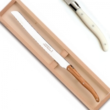 Laguiole Brotmesser in Box, Wellenschliff, L 31,5 cm, polierte Edelstahlbacken, elfenbeinfarbig