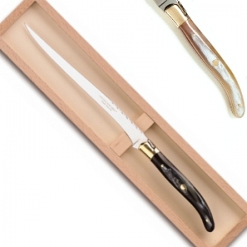 Laguiole Pastetenmesser in Box, L 32 cm, polierte Messingbacken, Horn hell