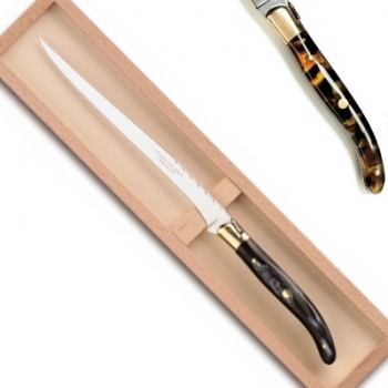 Laguiole Pastetenmesser in Box, L 32 cm, polierte Messingbacken, marmoriert dunkel