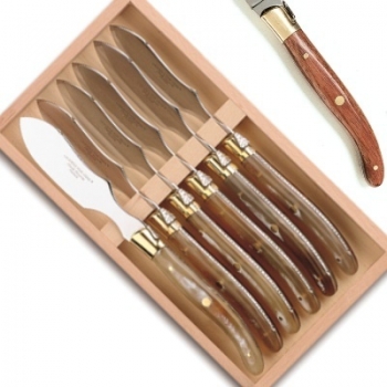 Laguiole Pastetenmesser, 6 Stück in Box, L 23 cm, polierte Messingbacken, Tropenholz