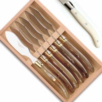 Laguiole Pastetenmesser, 6 Stück in Box, L 23 cm, polierte Edelstahlbacken, elfenbeinfarbig