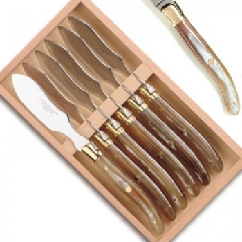 Laguiole Pastetenmesser, 6 Stück in Box, L 23 cm, polierte Messingbacken, Horn hell