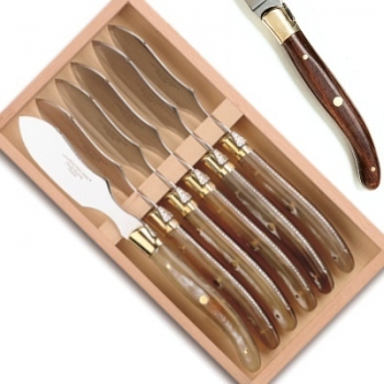 Laguiole Pastetenmesser, 6 Stück in Box, L 23 cm, polierte Messingbacken, Rosenholz