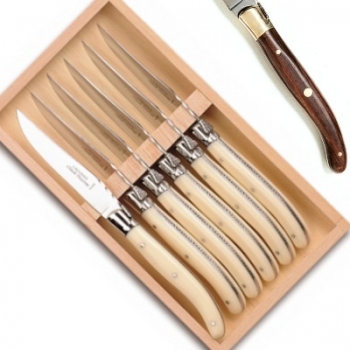 Laguiole Steakmesser, 6 Stück in Box, L 23 cm, polierte Messingbacken, Rosenholz