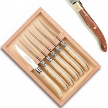 Laguiole Dessertmesser, 6 Stück in Box, L 17 cm, polierte Messingbacken, Tropenholz