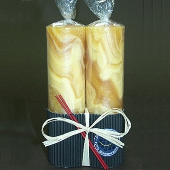 Bienenwachs Stumpenkerzen Duo, bernsteinfarbig marmoriert, 2 Stück pro Packung, Maße: H 15 x Ø 4 cm