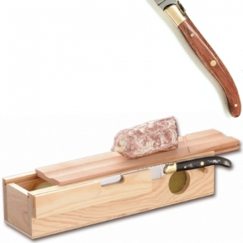 Laguiole Salamibox mit Messer, L Messer: 32 cm, Maße Box: L 32,5 x B 7,5 x H 10 cm, polierte Messingbacken, Tropenholz