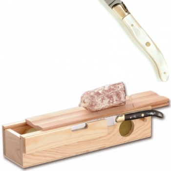 Laguiole Salamibox mit Messer, L Messer: 32 cm, Maße Box: L 32,5 x B 7,5 x H 10 cm, polierte Messingbacken, marmoriert hell
