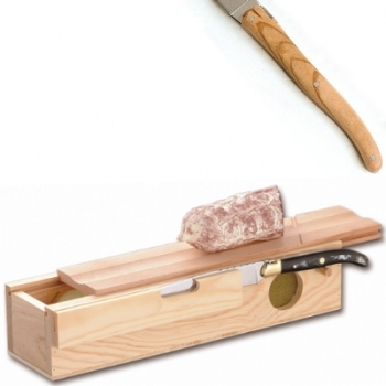 Laguiole Salamibox mit Messer, L Messer: 32 cm, Maße Box: L 32,5 x B 7,5 x H 10 cm, Olivenholz