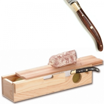 Laguiole Salamibox mit Messer, L Messer: 32 cm, Maße Box: L 32,5 x B 7,5 x H 10 cm, polierte Messingbacken, Rosenholz