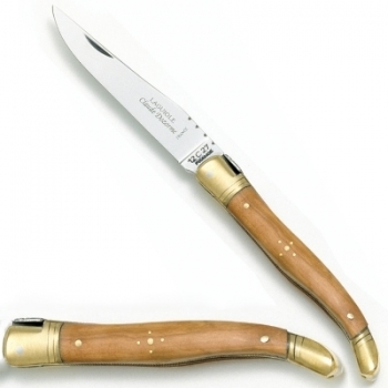 Laguiole Taschenmesser, klassisch, Griffschalen Olive, Backen Messing poliert, Maße: Heft L 12 cm, Klinge 10 cm