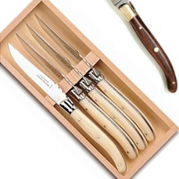 Laguiole Steakmesser, 4 Stück in Box, L 23 cm, polierte Messingbacken, Rosenholz
