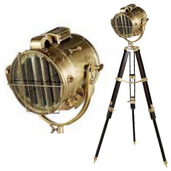 Eichholtz Stativ Stehlampe Morse-Scheinwerfer Atlantic, Messing antik/Holzstativ braun, H 91-142 x Ø Fuß 100 cm