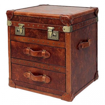 Eichholtz Koffertisch, lederbezogen, mit 2 Schubladen, Kupfer/Messing antik, H 60 x B 54 x T 49 cm