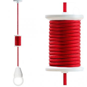Design Hängelampe/Deckenlampe Spool, Weiß mit rotem Kabel, L 260 cm, inklusive Leuchtmittel E 27/23 W