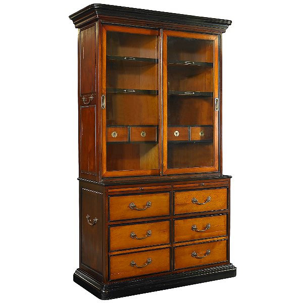Cambridge Cabinet Antique Design Bicolor Black Honey 2 Glass Doors 6 Drawers 2 Pull Out Boards Bronze Hardware H 205 5 X W 122 5 X D 54 Cm